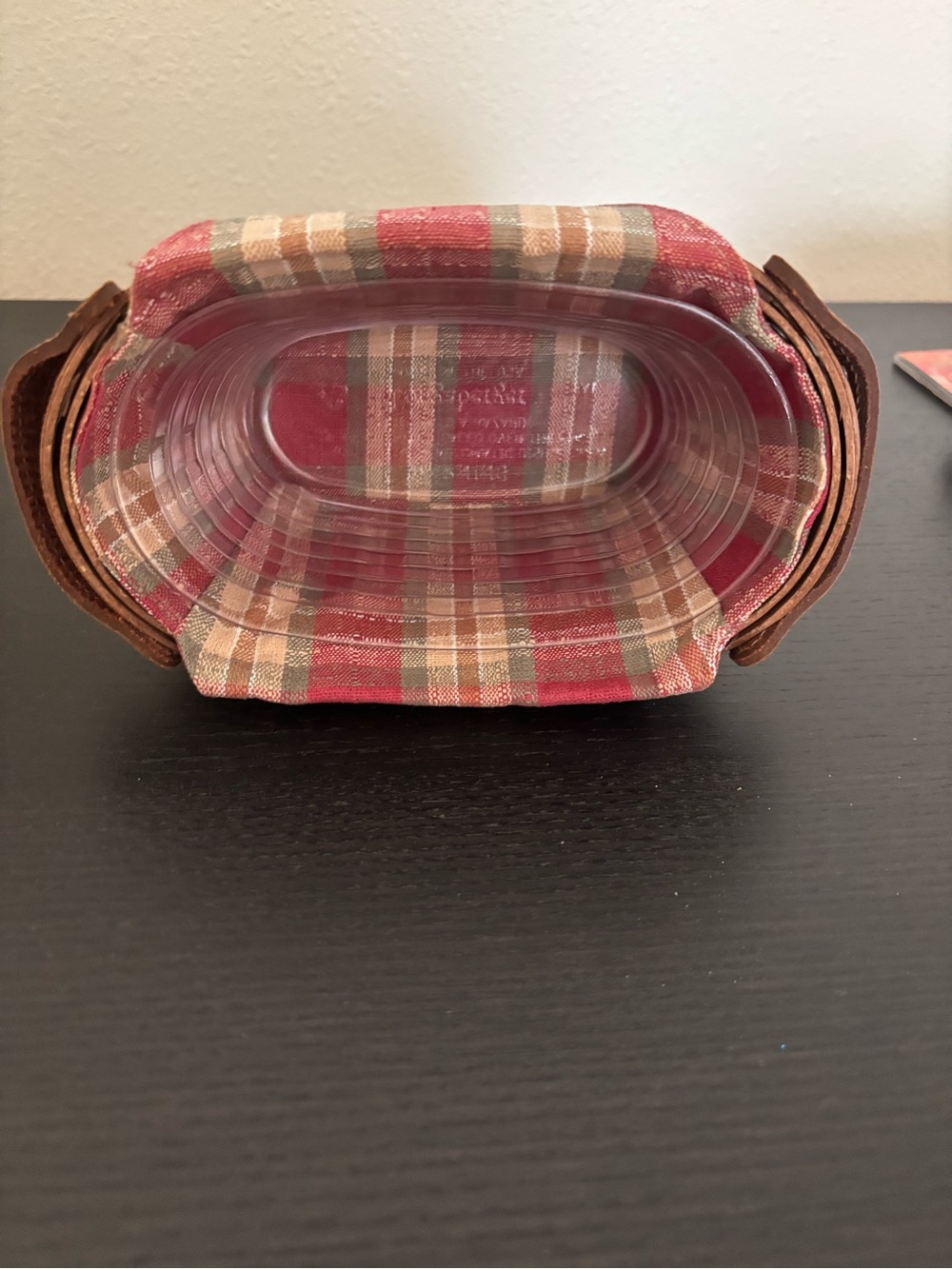 Longaberger Journal Basket, Orchard Park Plaid liner and Brown Leather Handles